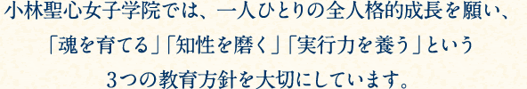 小林聖心女子学院では、一人ひとりの全人格的成長を願い、「魂を育てる」 「知性を磨く」 「実行力を養う」という3つの教育方針を大切にしています。