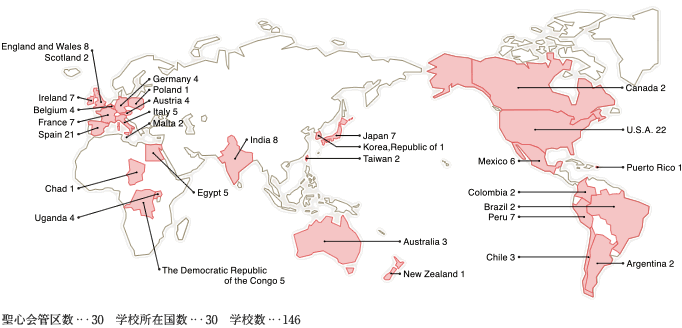 聖心会管区数…30　学校所在国数30　学校数…146